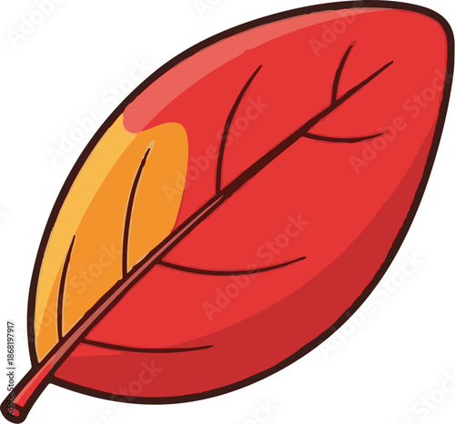 A vibrant, stylized autumn leaf with a red center and yellow accents