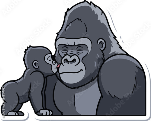 A tender moment of a young gorilla kissing a larger gorilla on the cheek