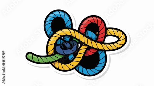 A tangled knot of colorful, braided ropes, forming a complex, interwoven pattern