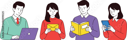 People using different communication methods with laptop, letter, book and smartphone isolated on white modern flat vector illustration