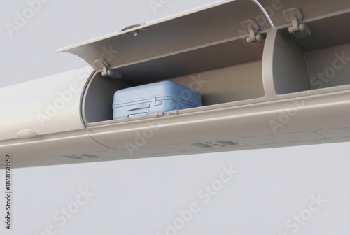 Blue suitcase stored in open airplane overhead compartment