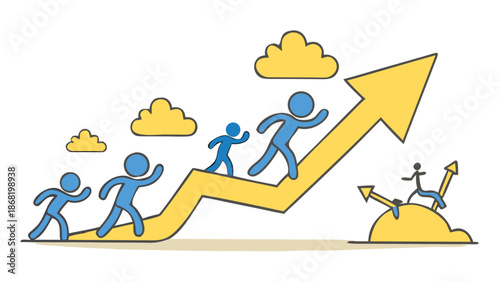 People climbing up an arrow on a graph with clouds