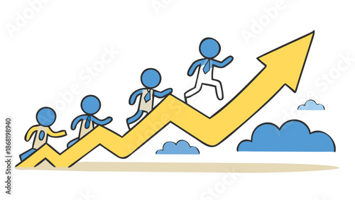 Business professionals climbing success graph with upward momentum