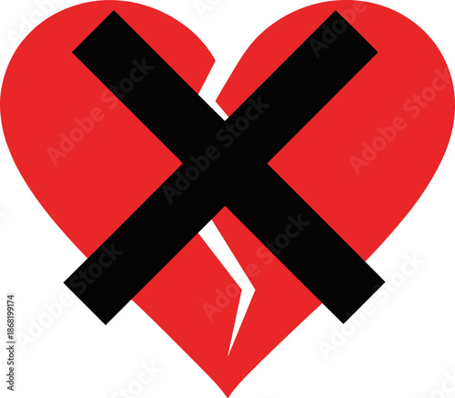 Prohibited red heart symbol with a black cross on a light background