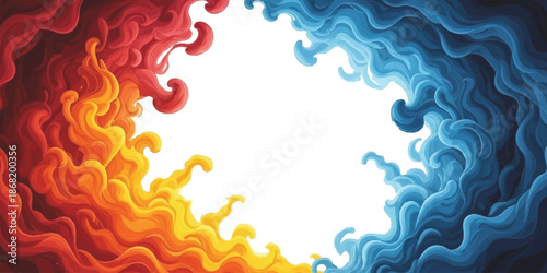 A dynamic abstract battle between fiery red and cool blue waves