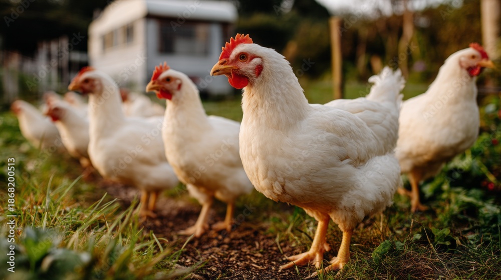Fototapeta premium In a peaceful pasture bathed in warm sunlight, chickens roam freely, pecking at the vibrant green grass. Their gentle clucks fill the air, creating a serene countryside scene