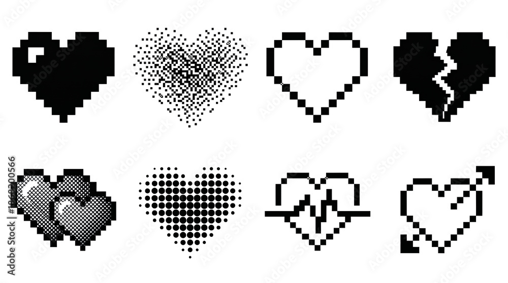 custom made wallpaper toronto digitalPixel art heart set including solid, halftone, broken, cupid, and heartbeat variations isolated. Retro gaming and digital romance collection.
