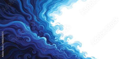 Abstract blue swirling wave pattern flowing across a white background