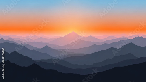 Minimalist Mountain Range at Sunset with Purple and Orange Gradient Fog