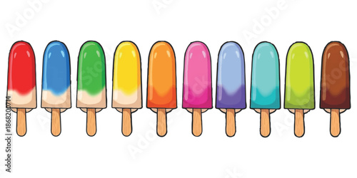 A line of ten colorful popsicles in various flavors on wooden sticks