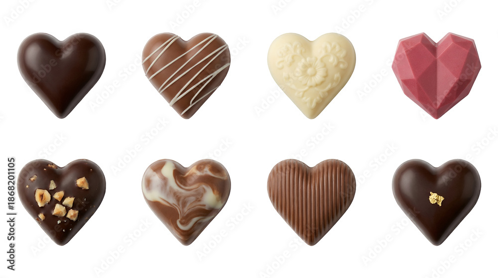Fototapeta premium Heart shaped chocolate candy set including dark, milk, white, ruby, and marbled truffles isolated. Gourmet confectionery and Valentines Day dessert collection.