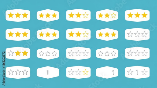 Collection of various star rating icons and symbols on blue background