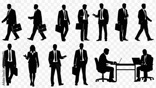 Collection of business people silhouettes in various professional poses and actions