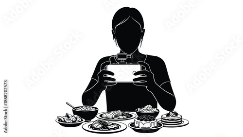 Silhouette of a food vlogger recording a review or eating show documenting various plates of delectable meal items and sweet desserts using a modern smartphone device
