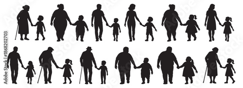 Set of silhouettes of adults of different ages with children walking hand in hand isolated on white background. concept of family generations, child care, parent kid relationship, walking together