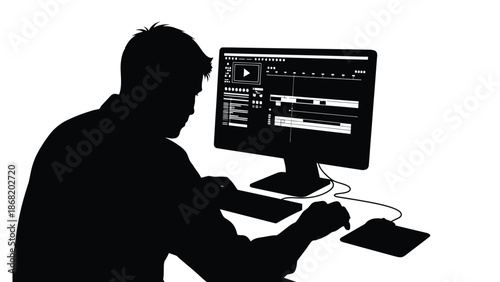 Silhouette of a dedicated video editor working intensely on a computer screen displaying a complex timeline interface for film production or digital content creation projects