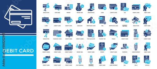 Debit card icon set collection. Containing calculate, value, mortgage, bills, loss, profit, touch .Solid vector icons collection