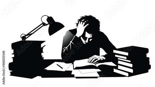 Overwhelmed student silhouette sits at a cluttered desk surrounded by tall stacks of academic books under the harsh light of an adjustable lamp experiencing intense study stress