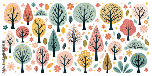 An arrangement of colorful stylized trees and floral elements on a white background
