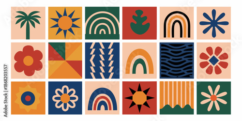 Colorful geometric patterns and floral designs arranged in a grid layout