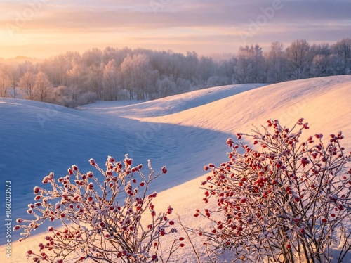 Frost covered rose hips glow red against rolling snowdrifts at sunrise
