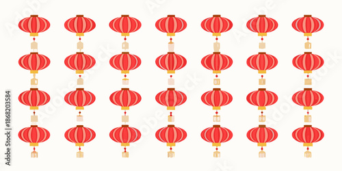 A grid of vibrant red chinese lanterns arranged in neat rows and columns