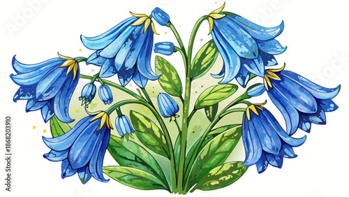 Very beautiful watercolor bluebell flower set with hand drawn elements, designed for spring and summer floral compositions, capturing freshness, softness, and artistic botanical elegance.