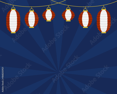 お祭りや居酒屋をイメージした赤白提灯の背景素材。濃紺のサンバースト（放射状）背景に吊るされた伝統的な提灯デザイン。夏祭り、盆踊り、イベントの告知ポスターや販促バナーに最適な和風ベクターイラスト。