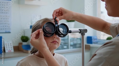Eye exam for a child in a medical office during the day