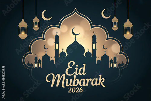 Elegant eid mubarak greeting card design featuring mosque silhouette and lanterns