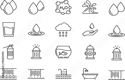 Water outline icon set with droplets, waves, rain, bottles, taps and hygiene symbols isolated on white minimal vector illustration