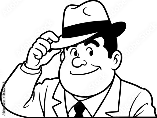 Friendly middle aged gentleman in formal suit tipping his fedora hat in a polite greeting gesture