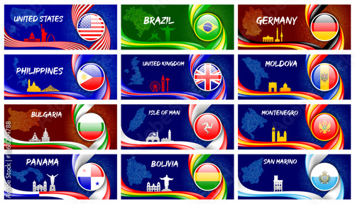 World Countries Flag Banners with Ribbon Style and Landmark Silhouettes