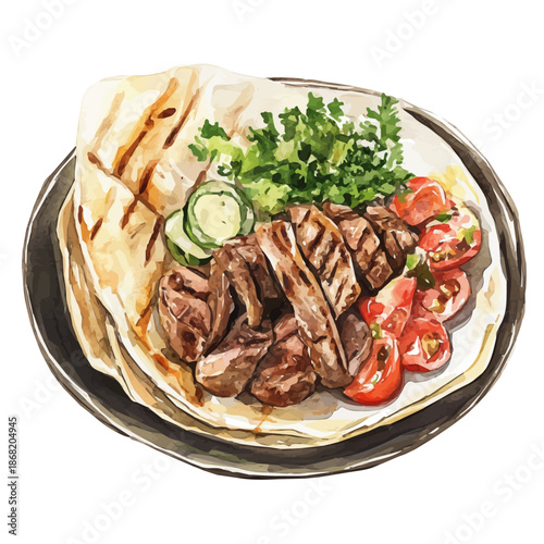 Watercolor illustration vector of Shawarma Plate, isolated on a clean white background.