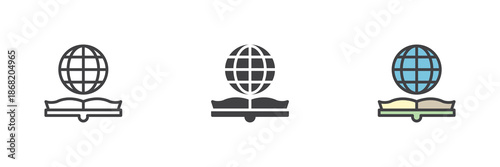 Open book and globe line, solid, colorful different style icon set pack