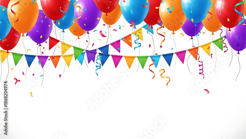 Colorful Birthday Party Celebration with Balloons and Streamers, Festive Indoor Decor, Front View, Joyful Event Atmosphere