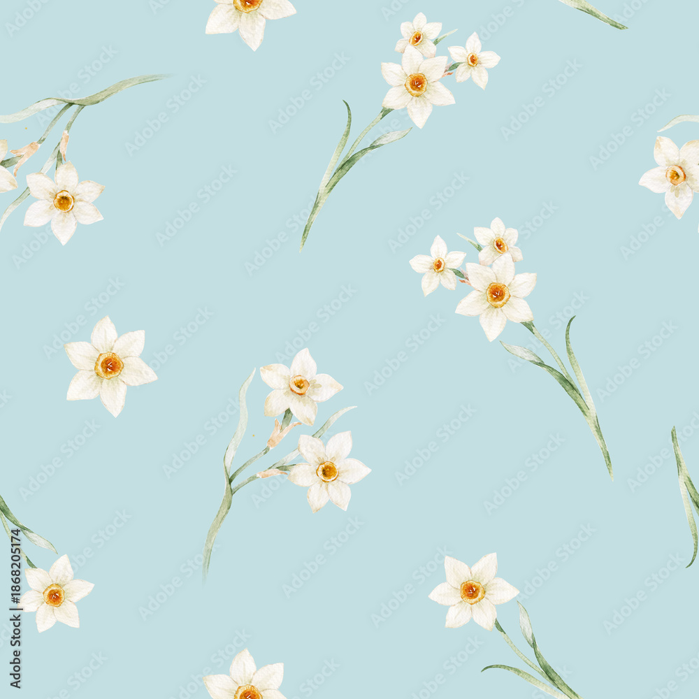 Obraz premium Seamless Watercolor Daffodil Floral Pattern with White Spring Flowers