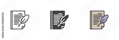 Document and feather pen line, solid, colorful different style icon set pack