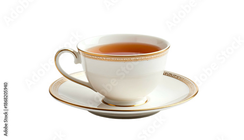 Elegant teacup and saucer filled with amber liquid, isolated on black background