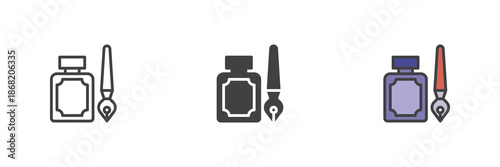 Quill and inkwell line, solid, colorful different style icon set pack
