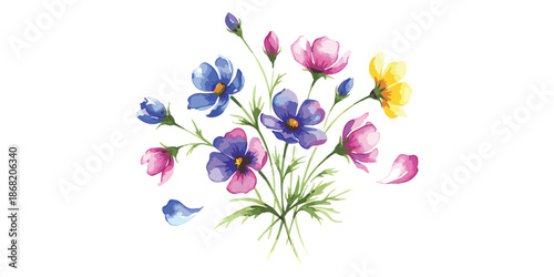 A vibrant watercolor bouquet of delicate cosmos flowers in shades of blue, pink, and yellow