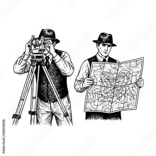 Surveyors and Map: A vintage-style image depicts a surveyor engrossed in their work, using a theodolite and carefully studying a map. This image captures the essence of meticulous surveying.