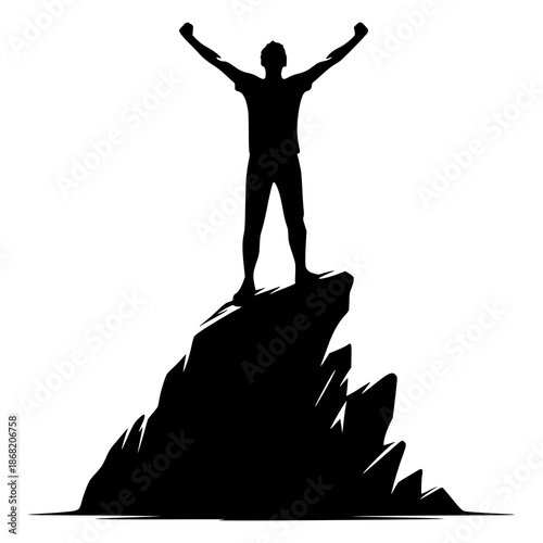 Triumph atop a Summit: A lone silhouette stands triumphant atop a rugged peak, arms raised in a gesture of victory. A powerful visualization of triumph and accomplishment.