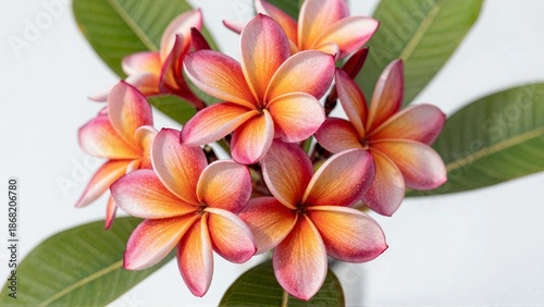 Pink and orange plumeria flowers with green leaves on white background