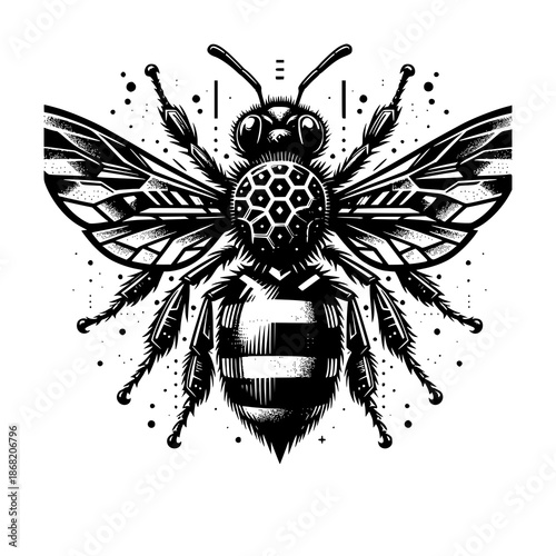 The Intricate Winged: A stunning monochromatic illustration of a bee, its form meticulously detailed, its wings spread wide to reveal the elegant complexity of its structure.