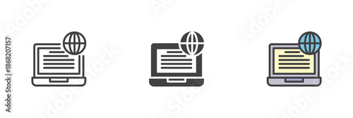 Laptop and globe line, solid, colorful different style icon set pack