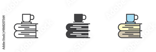 Books and tea cup line, solid, colorful different style icon set pack