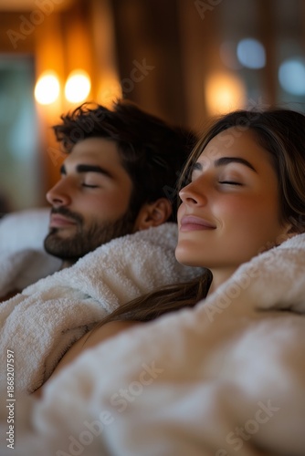 Relaxed couple enjoying peaceful time together in cozy and calm setting. Wellness, spa campaign ad