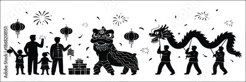  Vector Silhouette Collection of People Celebrating Chinese New Year Featuring Families Sharing Reunion Dinner, Children with Red Envelopes, and Traditional Dragon Dance Performers in a Clean Minimali
