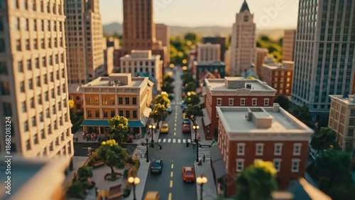 Miniature cityscape street scene with toy buildings and cars showcasing urban architecture in a diorama
